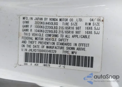 2006 Honda Cr-V Se/Ex from USA, damaged, VIN JHLRD78986C048329